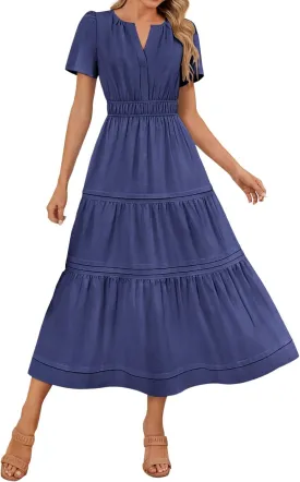 Women's Midi Dresses 2025 Summer Casual Short Sleeve V Neck Elastic Waist Elegant Boho Flowy Long Dress with Pocket