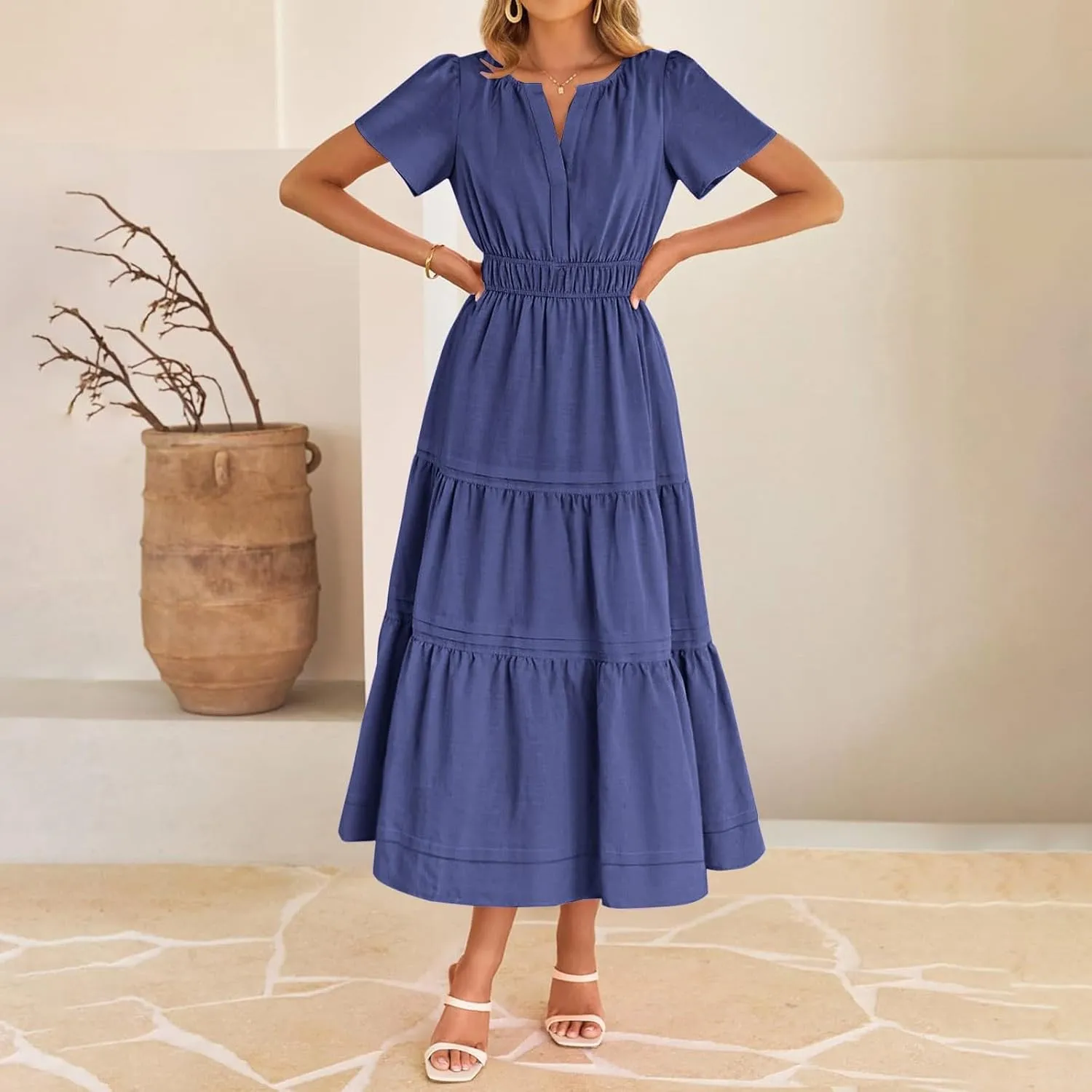 Women's Midi Dresses 2025 Summer Casual Short Sleeve V Neck Elastic Waist Elegant Boho Flowy Long Dress with Pocket