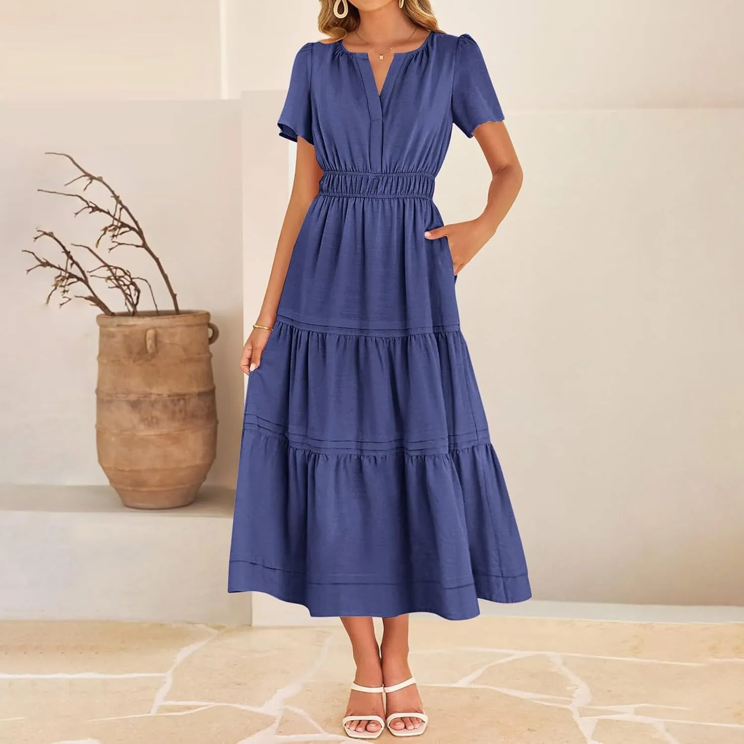 Women's Midi Dresses 2025 Summer Casual Short Sleeve V Neck Elastic Waist Elegant Boho Flowy Long Dress with Pocket
