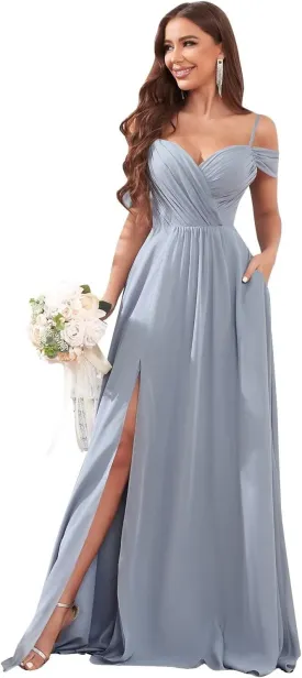 Women's Off The Shoulder Bridesmaid Dresses with Pockets Long Chiffon Wedding Guest Dress with Slit