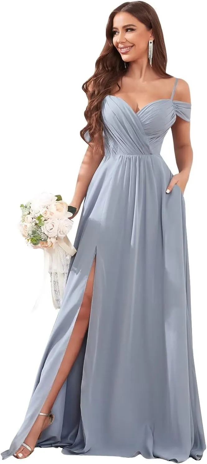Women's Off The Shoulder Bridesmaid Dresses with Pockets Long Chiffon Wedding Guest Dress with Slit