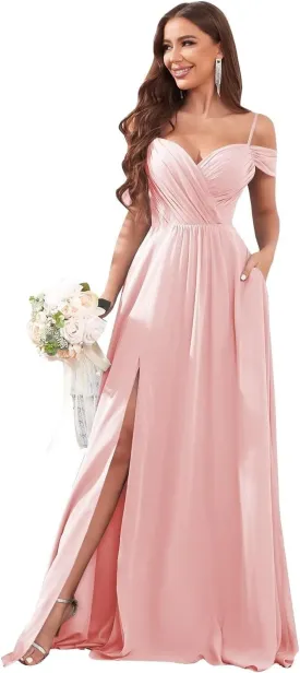 Women's Off The Shoulder Bridesmaid Dresses with Pockets Long Chiffon Wedding Guest Dress with Slit