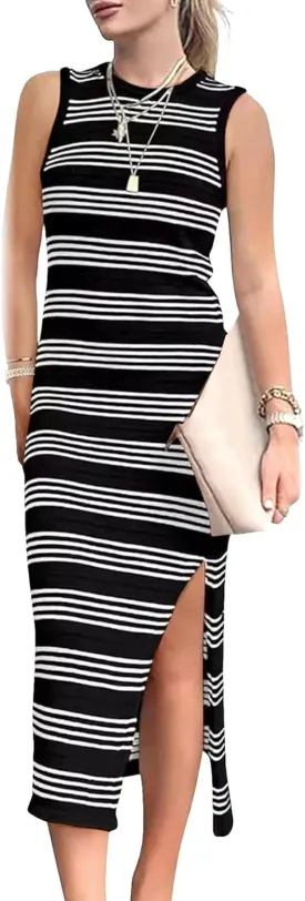 Women's Summer Bodycon Sundresses Casual Midi Sleeveless Hollow Out Knit Side Slit Striped Long Tank Dress 2025
