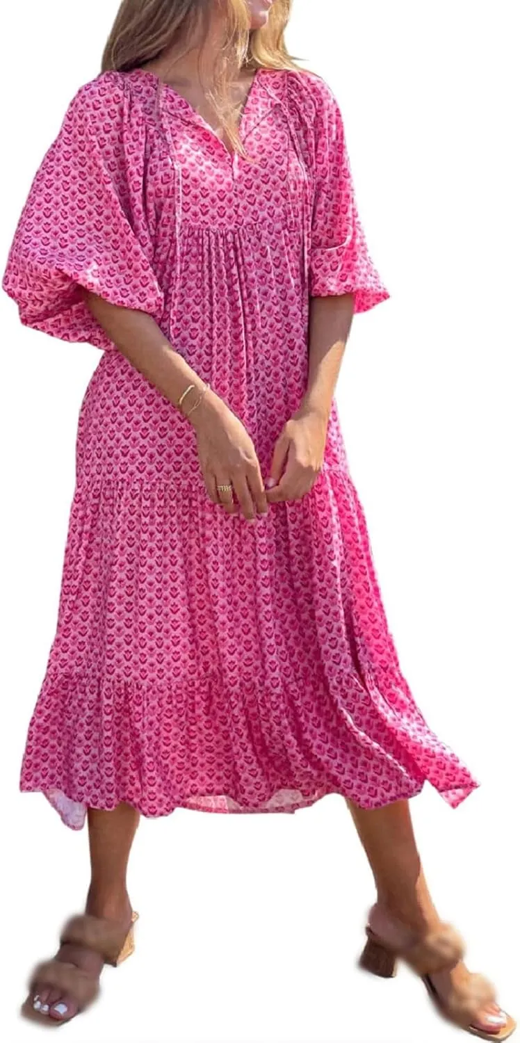 Womens Summer Dresses Boho Floral Drawstring V Neck Chiffon Lantern Sleeve Maxi Long Dresses Beach Sundress