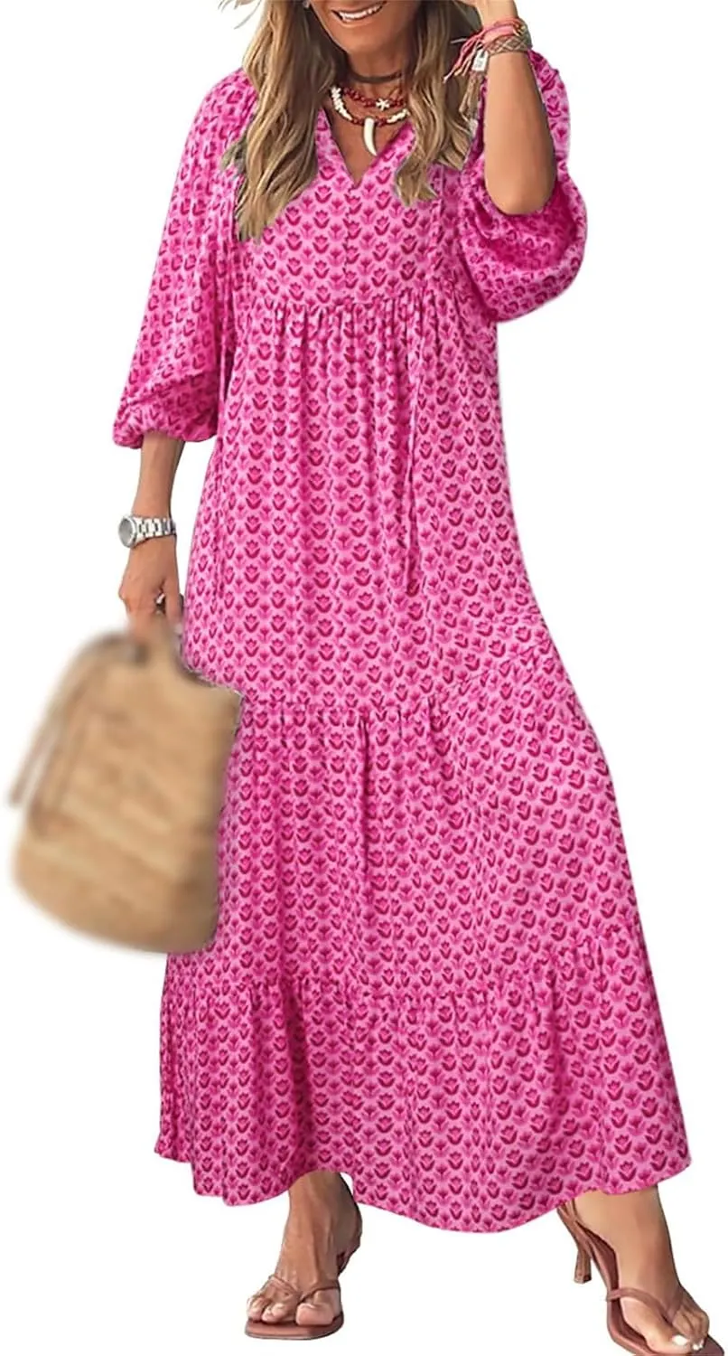 Womens Summer Dresses Boho Floral Drawstring V Neck Chiffon Lantern Sleeve Maxi Long Dresses Beach Sundress