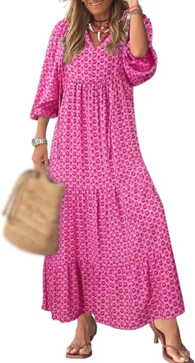 Womens Summer Dresses Boho Floral Drawstring V Neck Chiffon Lantern Sleeve Maxi Long Dresses Beach Sundress