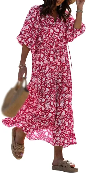 Womens Summer Dresses Boho Floral Drawstring V Neck Chiffon Lantern Sleeve Maxi Long Dresses Beach Sundress