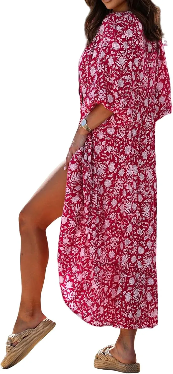 Womens Summer Dresses Boho Floral Drawstring V Neck Chiffon Lantern Sleeve Maxi Long Dresses Beach Sundress