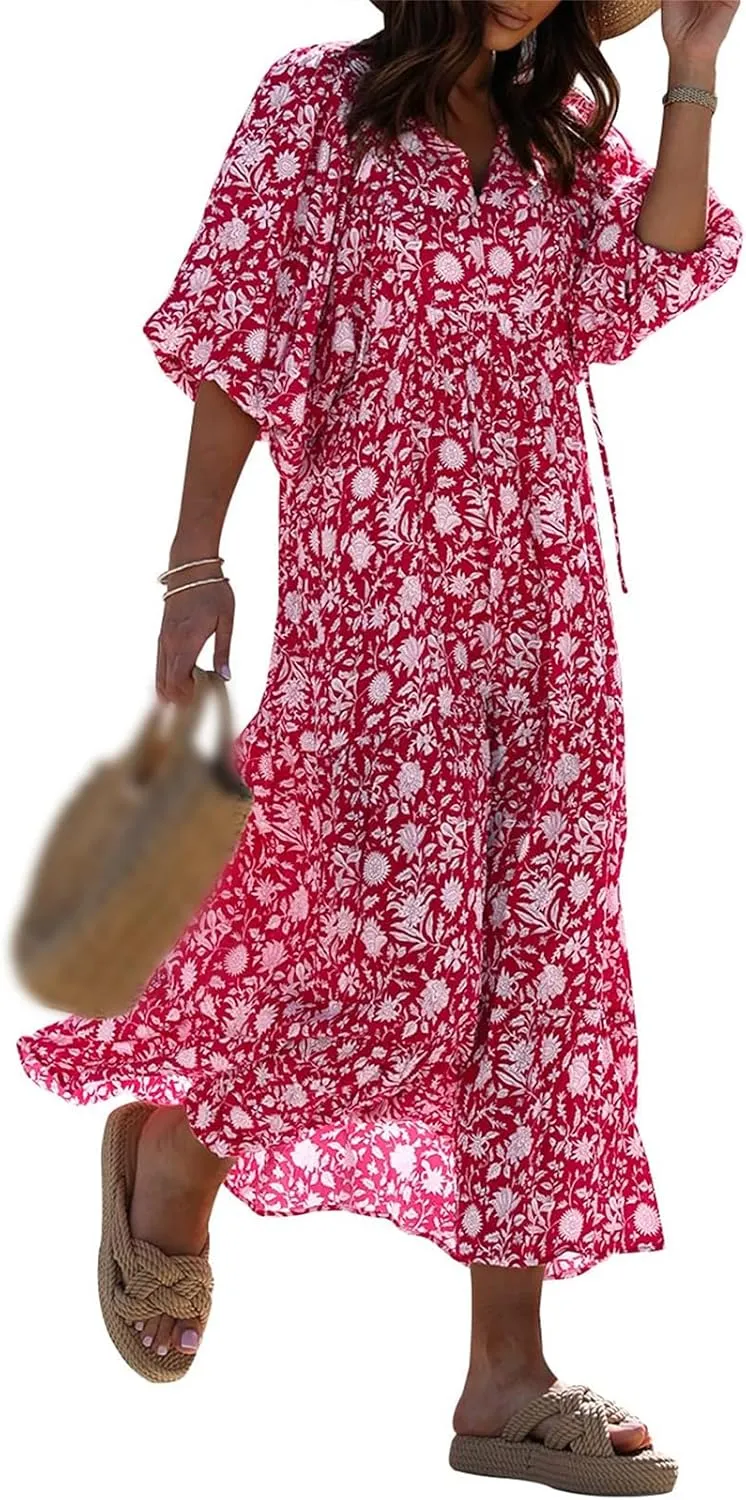 Womens Summer Dresses Boho Floral Drawstring V Neck Chiffon Lantern Sleeve Maxi Long Dresses Beach Sundress