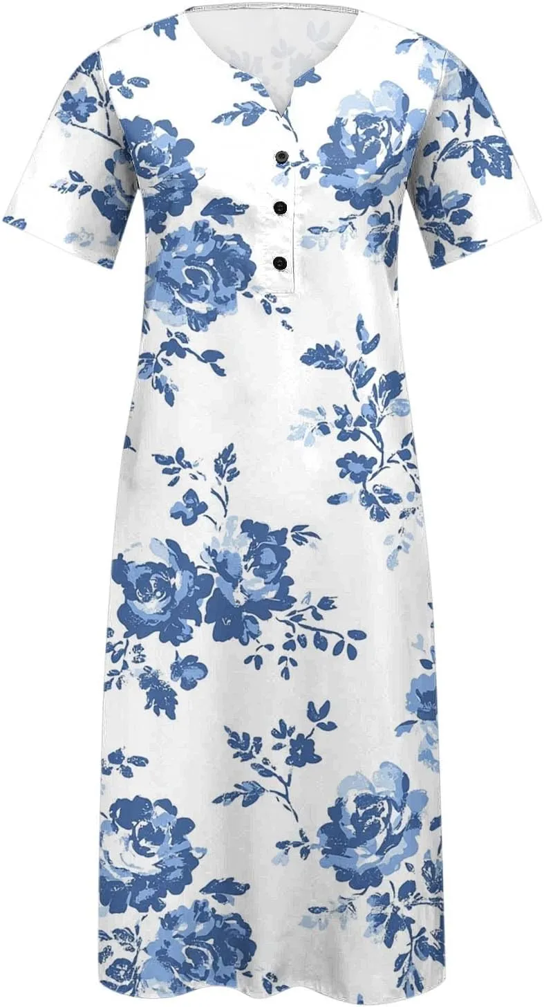 Womens Summer Dresses V Neck Floral Printed Midi Dress Casual Short Sleeve Dresses Trendy Flowy Vacation Sundresses