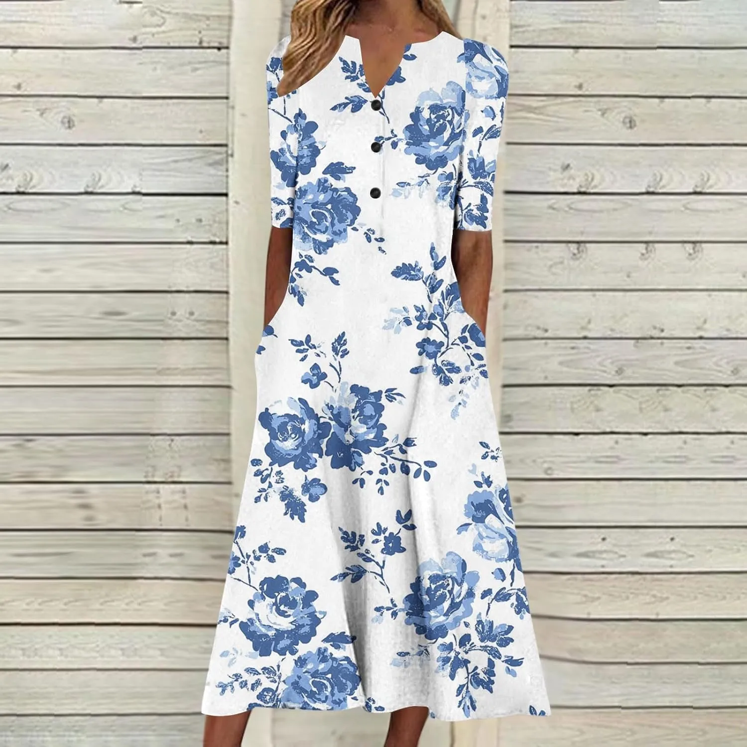 Womens Summer Dresses V Neck Floral Printed Midi Dress Casual Short Sleeve Dresses Trendy Flowy Vacation Sundresses