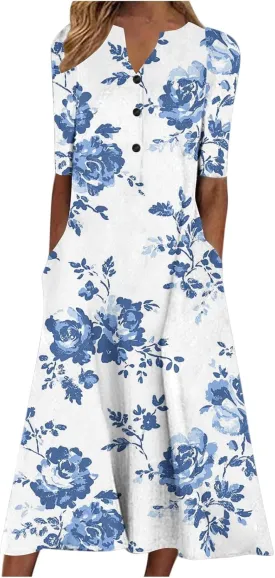 Womens Summer Dresses V Neck Floral Printed Midi Dress Casual Short Sleeve Dresses Trendy Flowy Vacation Sundresses