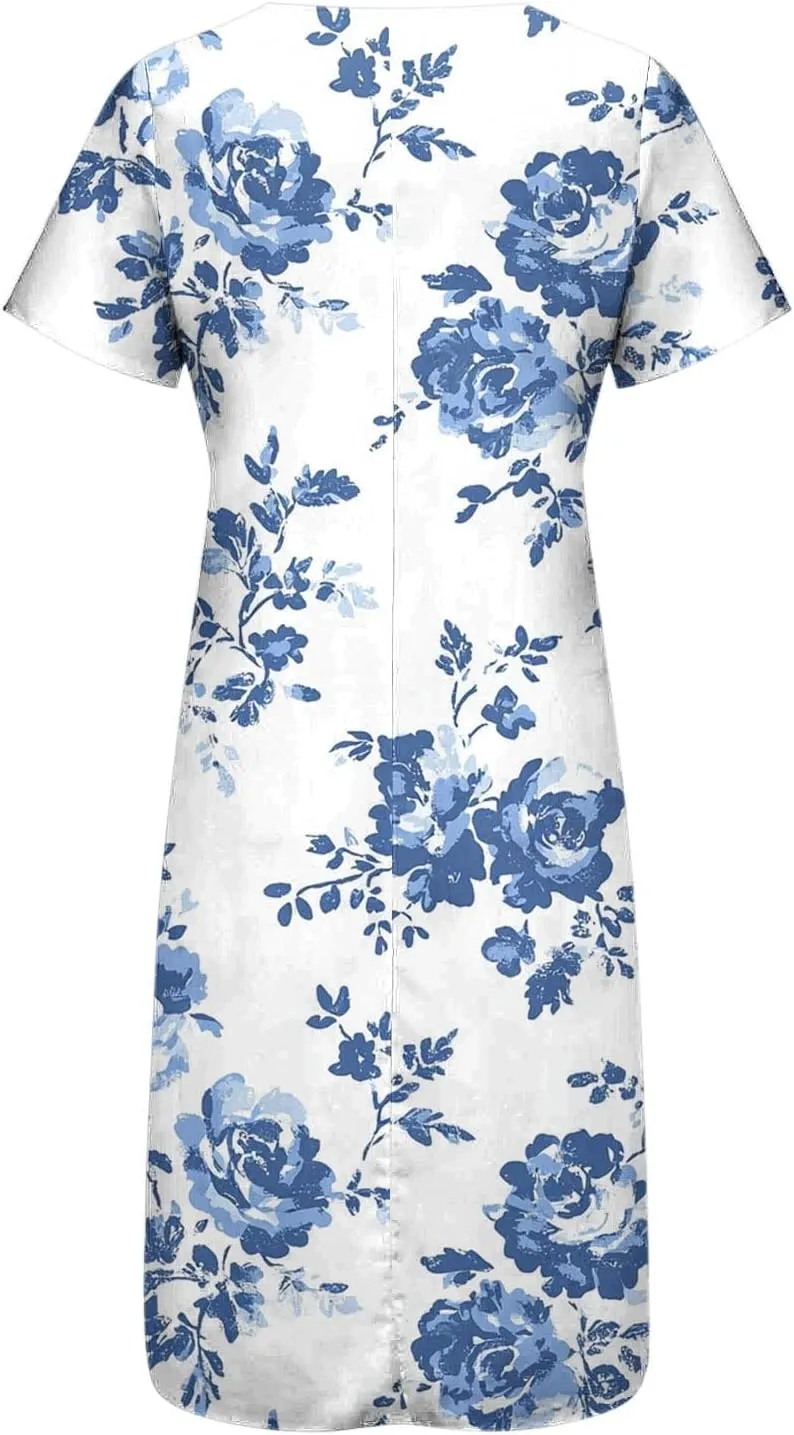 Womens Summer Dresses V Neck Floral Printed Midi Dress Casual Short Sleeve Dresses Trendy Flowy Vacation Sundresses