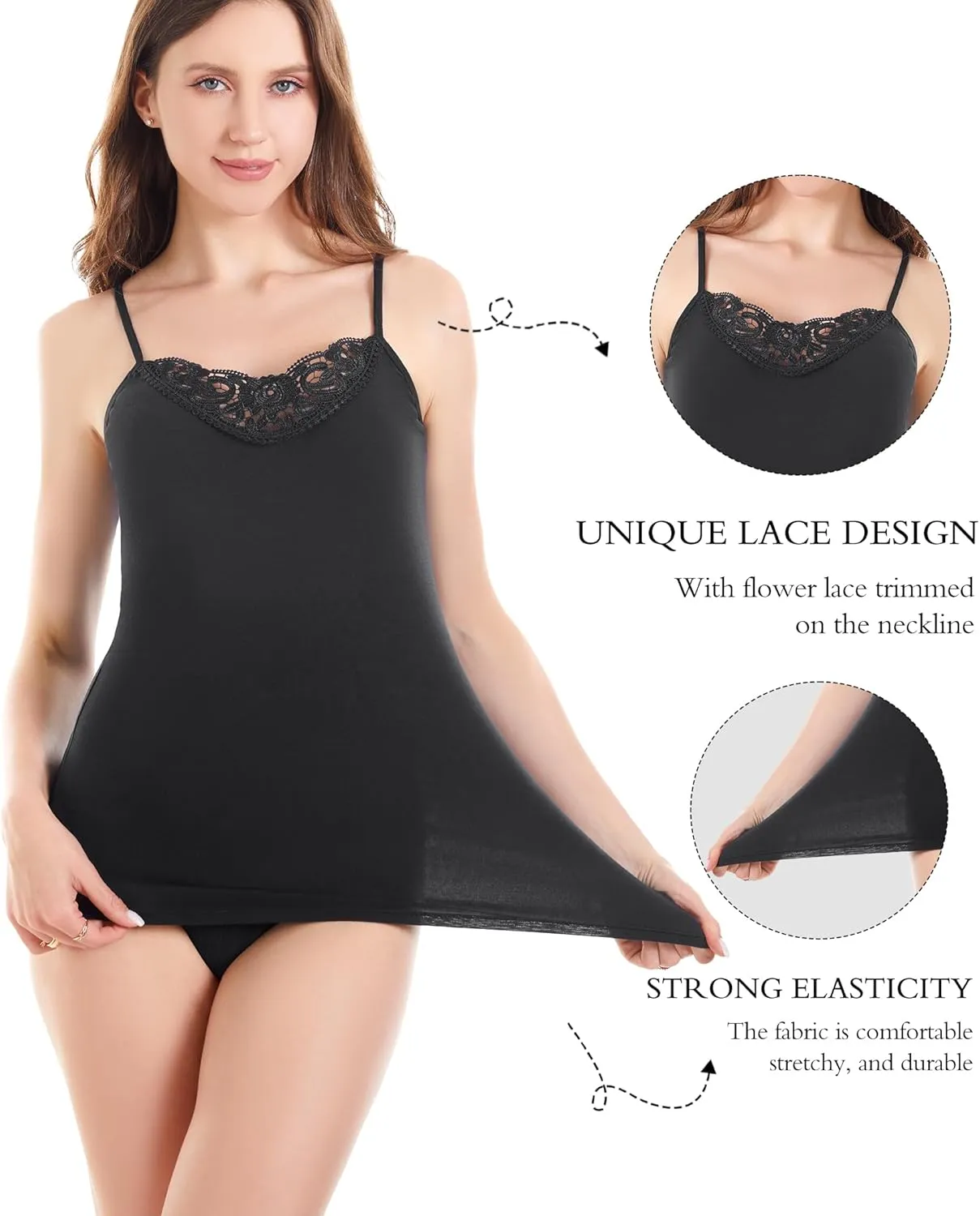 Womens Tank Top Camisoles with Premium Cotton Italian Design - Trimmed with Flower Lace on Neckline