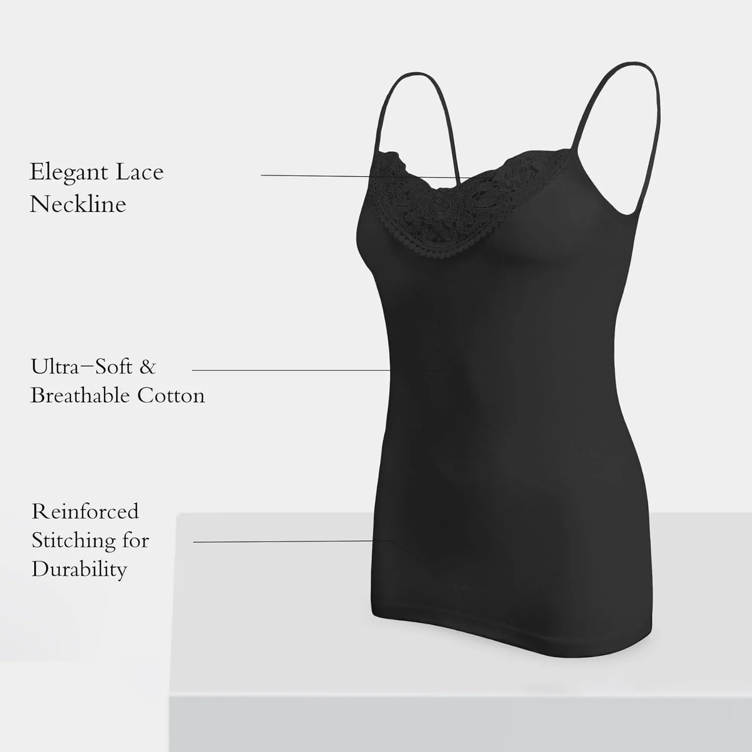Womens Tank Top Camisoles with Premium Cotton Italian Design - Trimmed with Flower Lace on Neckline