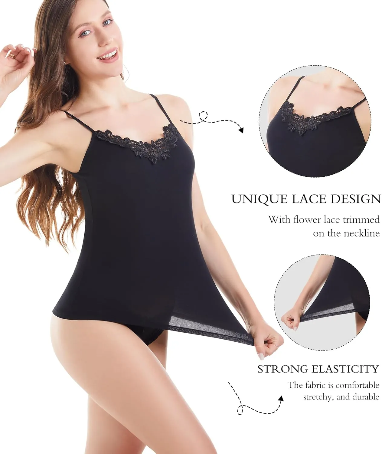 Womens Tank Top Camisoles with Premium Cotton Italian Design - Trimmed with Flower Lace on Neckline
