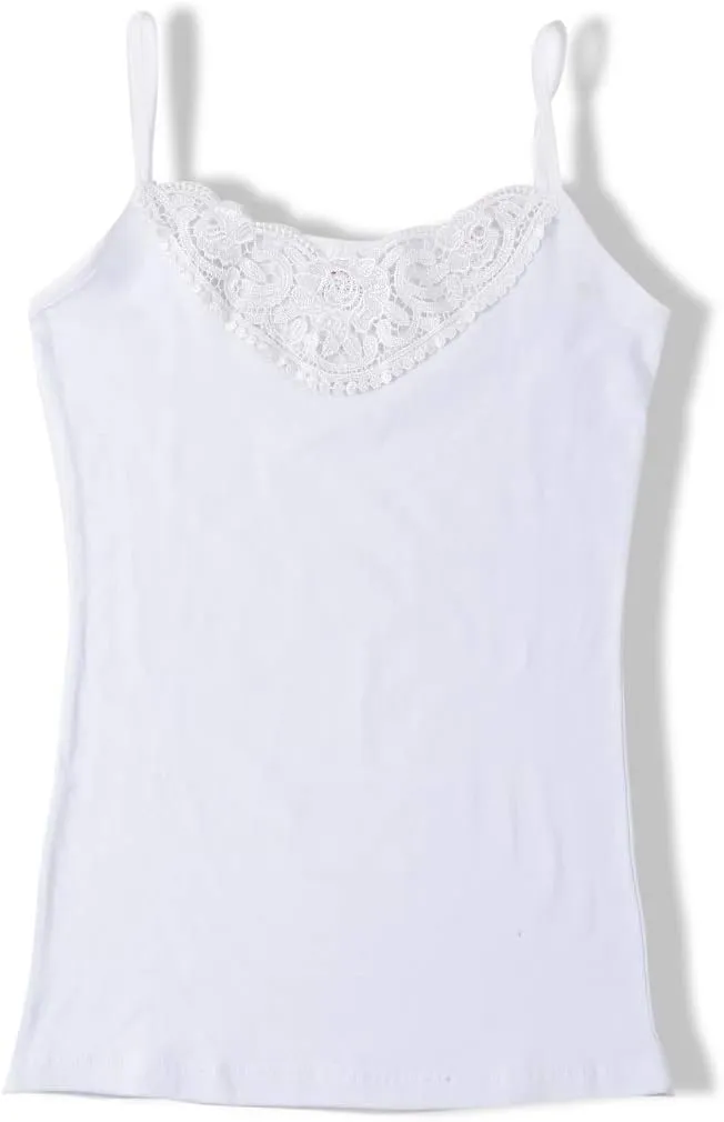 Womens Tank Top Camisoles with Premium Cotton Italian Design - Trimmed with Flower Lace on Neckline