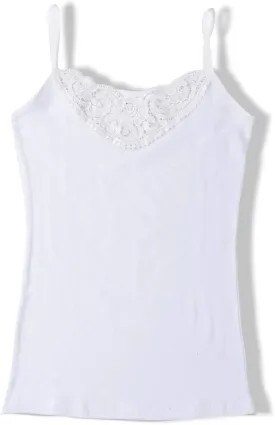 Womens Tank Top Camisoles with Premium Cotton Italian Design - Trimmed with Flower Lace on Neckline