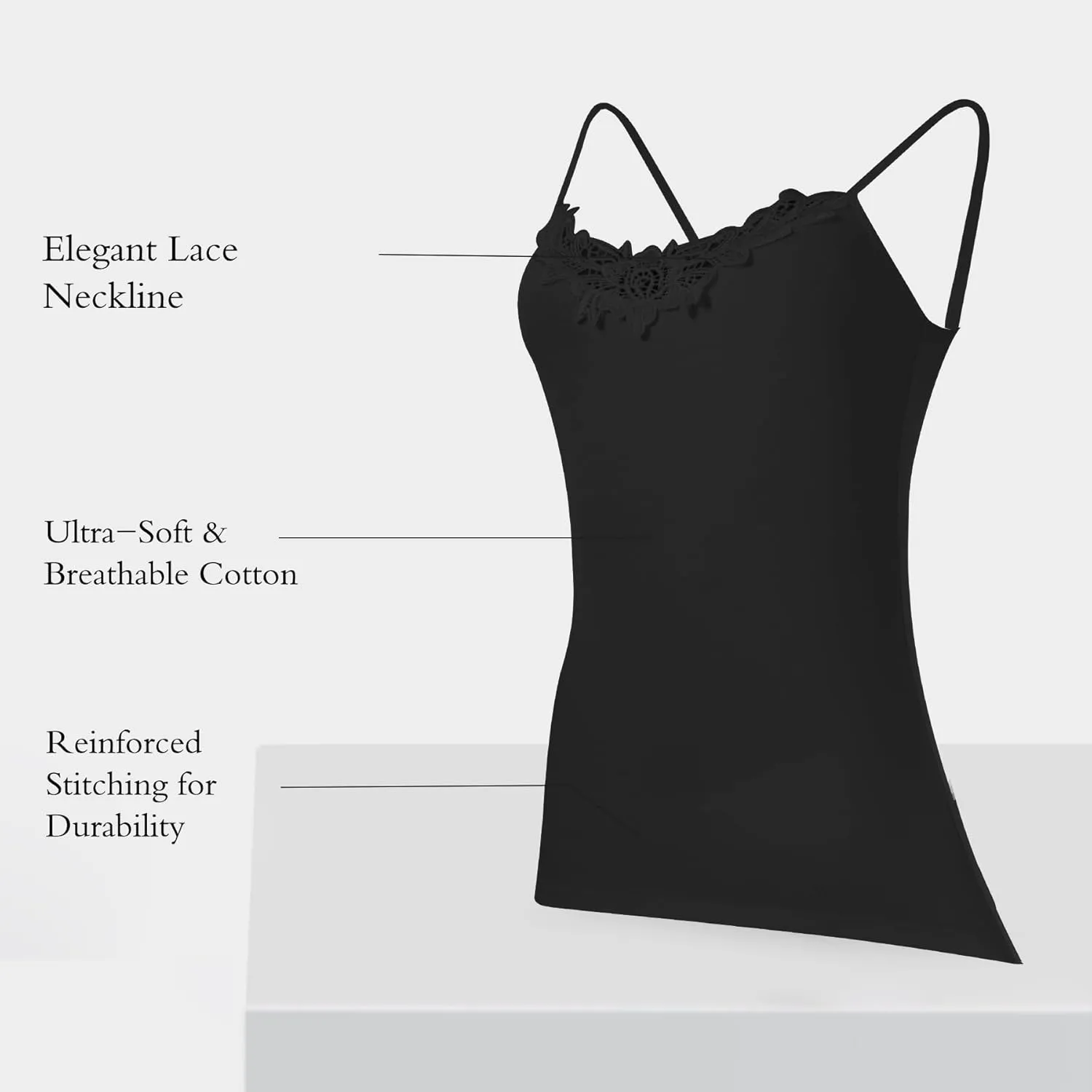 Womens Tank Top Camisoles with Premium Cotton Italian Design - Trimmed with Flower Lace on Neckline