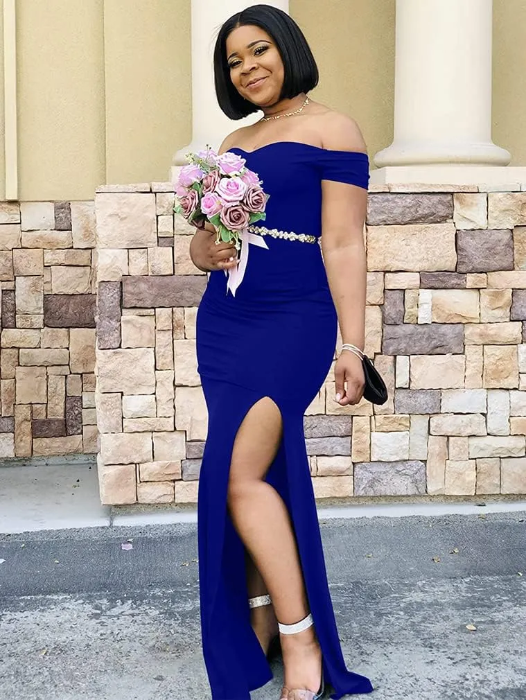 YMDUCH Women's Off Shoulder High Split Long Formal Party Dress Evening Gown