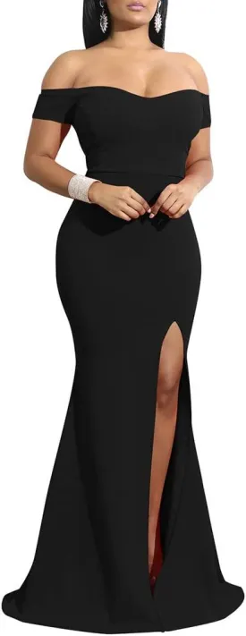 YMDUCH Women's Off Shoulder High Split Long Formal Party Dress Evening Gown