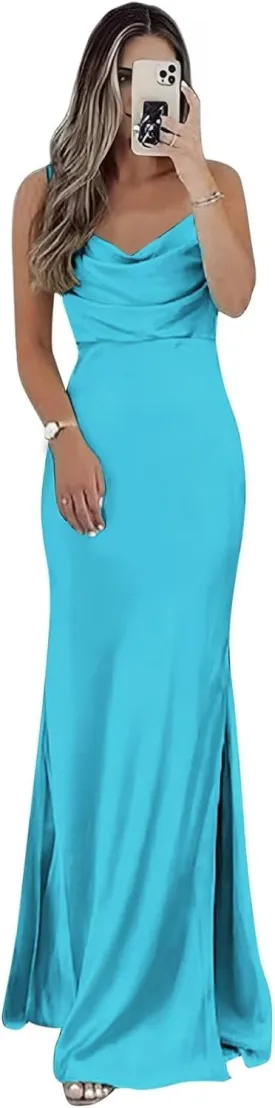 zcbang Bridesmaid Dresses for Wedding Satin Cowl Neck Long Formal Evening Gowns with Slit